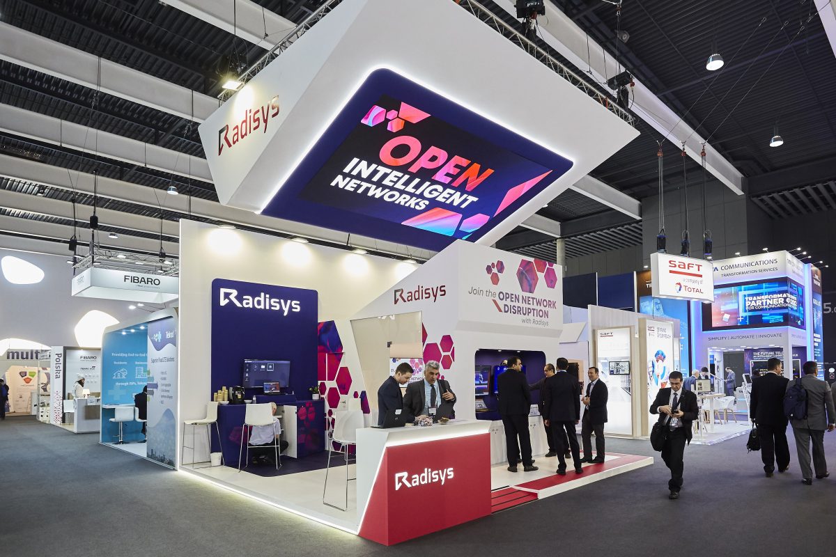 Radisys at MWC 2019 - exhibition booth with a big hanging LED screen